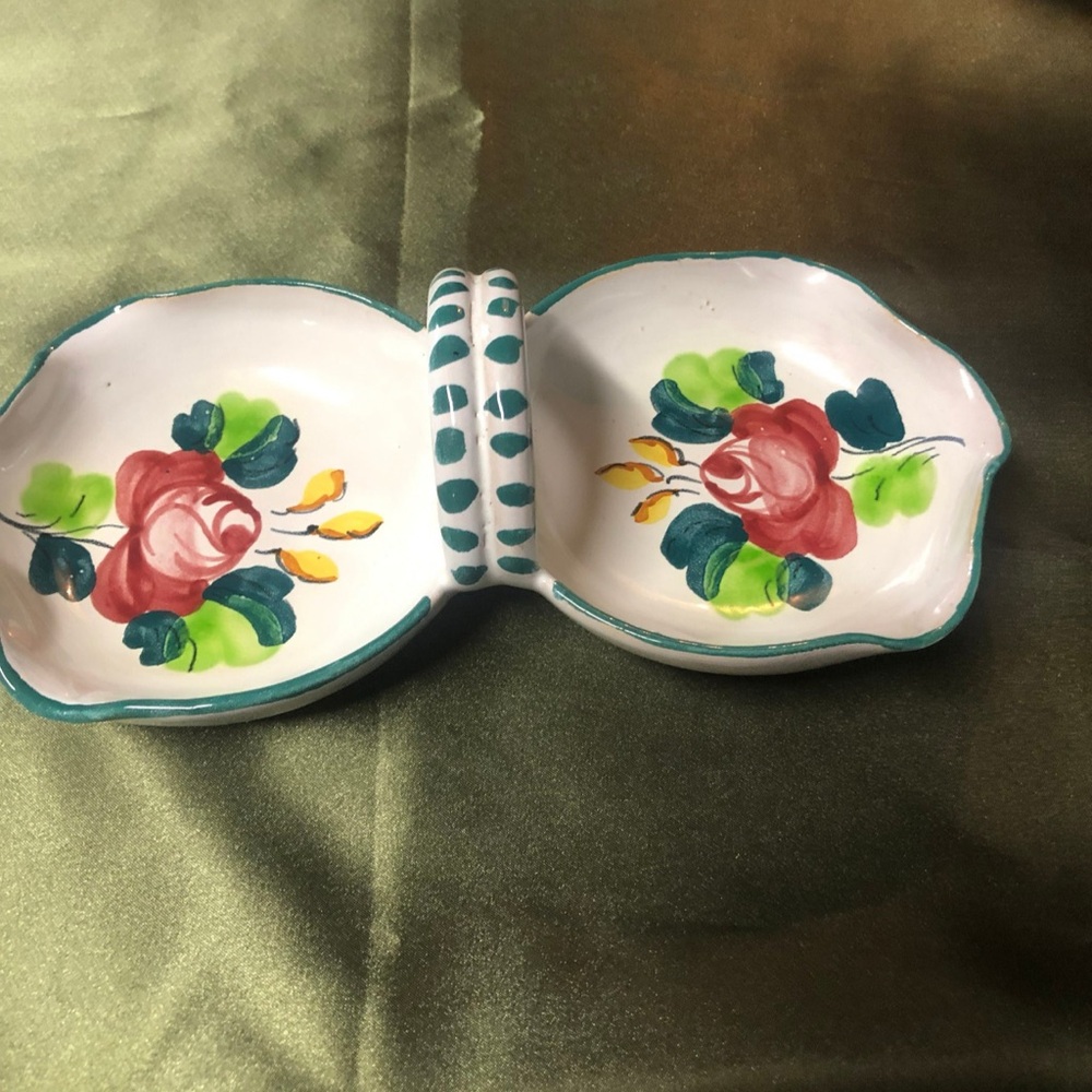 Vintage Hand Painted Italian Double Dish with Center Handle